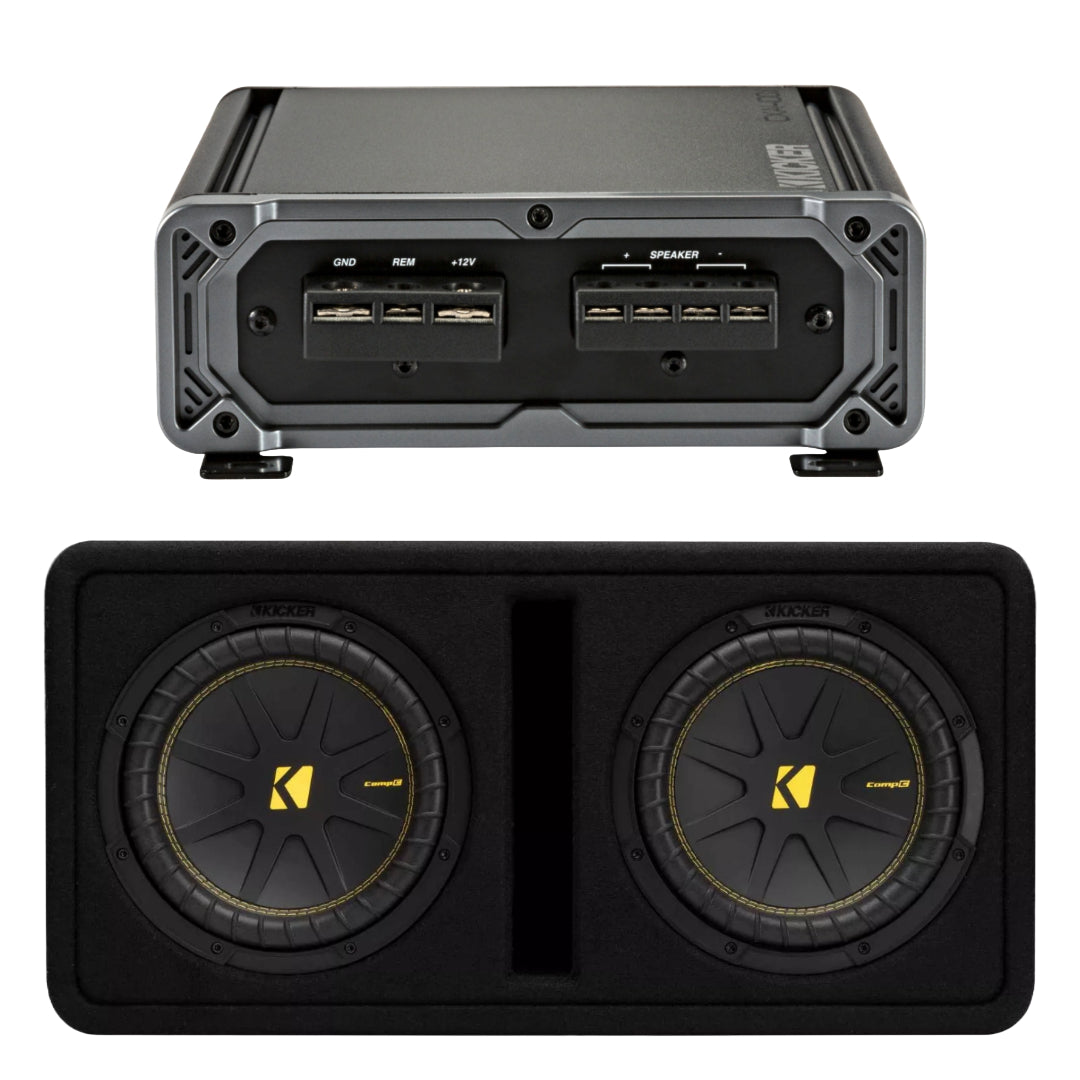 Paquete: Amplificador de subwoofer monobloque de clase D para audio de automóvil Kicker 46CXA4001 + subwoofers CompC duales Kicker 50DCWC102