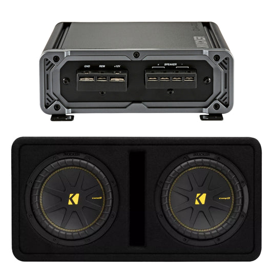 Paquete: Amplificador de subwoofer monobloque de clase D para audio de automóvil Kicker 46CXA4001 + Subwoofers CompC duales de 12" Kicker 50DCWC122 en gabinete ventilado - Negro