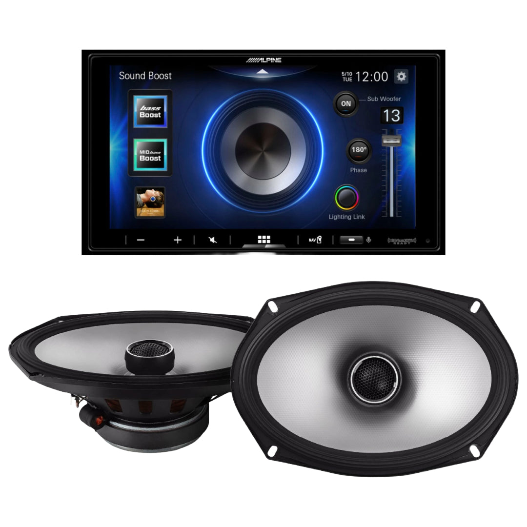 Paquete: Receptor de medios digitales Bluetooth Alpine de 7" + Altavoces coaxiales para automóvil de 2 vías, alta resolución y 6" x 9" Alpine S2-S69 S-Series