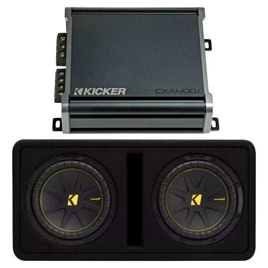 Paquete: Amplificador de subwoofer monobloque de clase D para audio de automóvil Kicker 46CXA4001 + subwoofers Kicker 50DCWC102 Dual CompC en gabinete ventilado