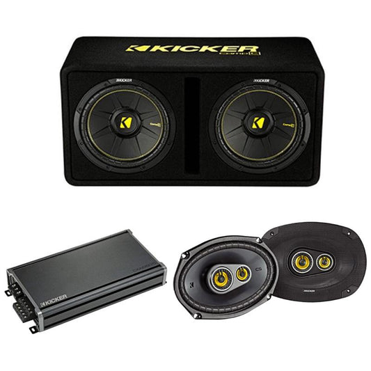 Altavoces Kicker de 6" x 9" para automóvil de 3 vías con conos de polipropileno (par) + Amplificador de subwoofer y altavoz de 5 canales para automóvil de 1200 W + Subwoofer para automóvil Dual CompC de 12"/600 vatios RMS/2 ohmios