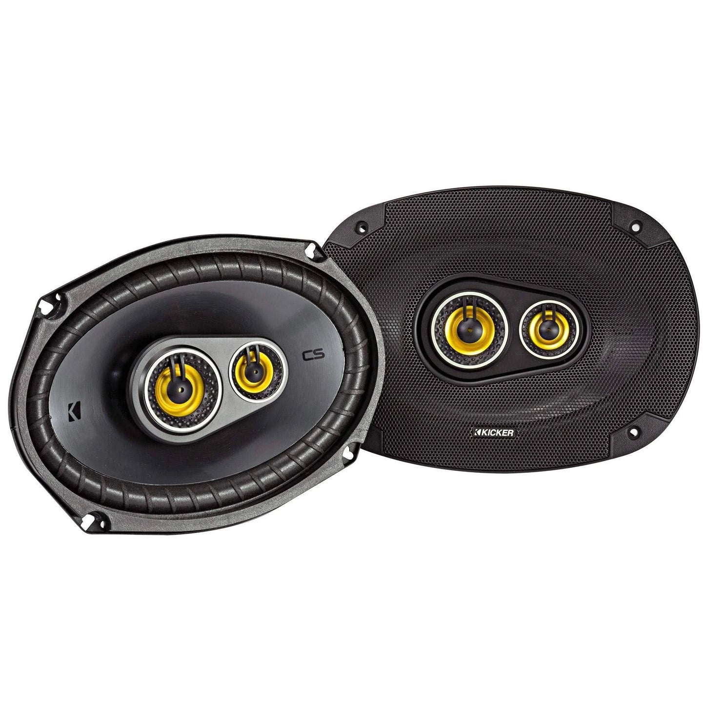 Altavoces Kicker de 6" x 9" para automóvil de 3 vías con conos de polipropileno (par) + Amplificador de subwoofer y altavoz de 5 canales para automóvil de 1200 W + Subwoofer para automóvil Dual CompC de 12"/600 vatios RMS/2 ohmios