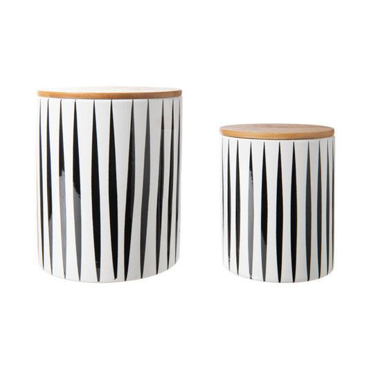 Colección Urban Trends - Recipiente redondo de cerámica con tapa de bambú y diseño de púas (juego de 2) - Blanco