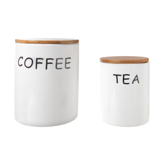 Urban Trends Canister with Bamboo Lid and "Coffee, Tea" Prints (Set Of 2) - White