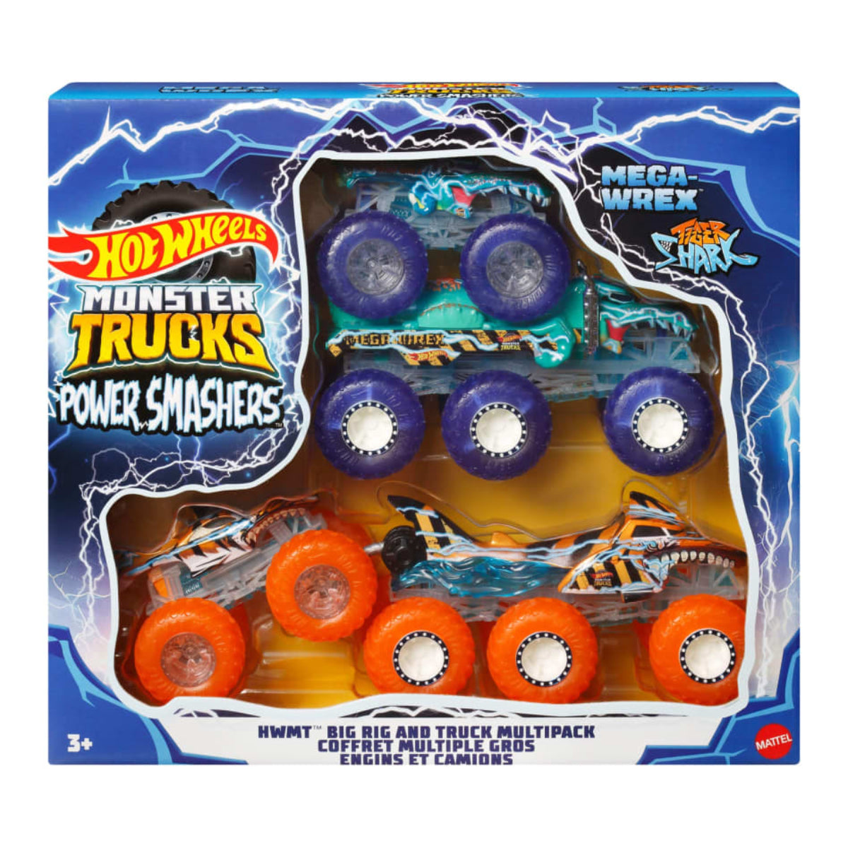 Camión de juguete y plataforma de carga Big Rig Power Smasher de Hot Wheels Monster Trucks (juego de 4)