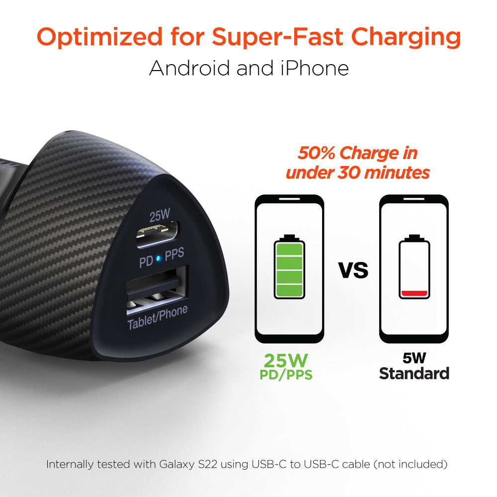 HyperGear SpeedBoost 25W USB-C PD + 12W USB Fast Car Charger with PPS - Black