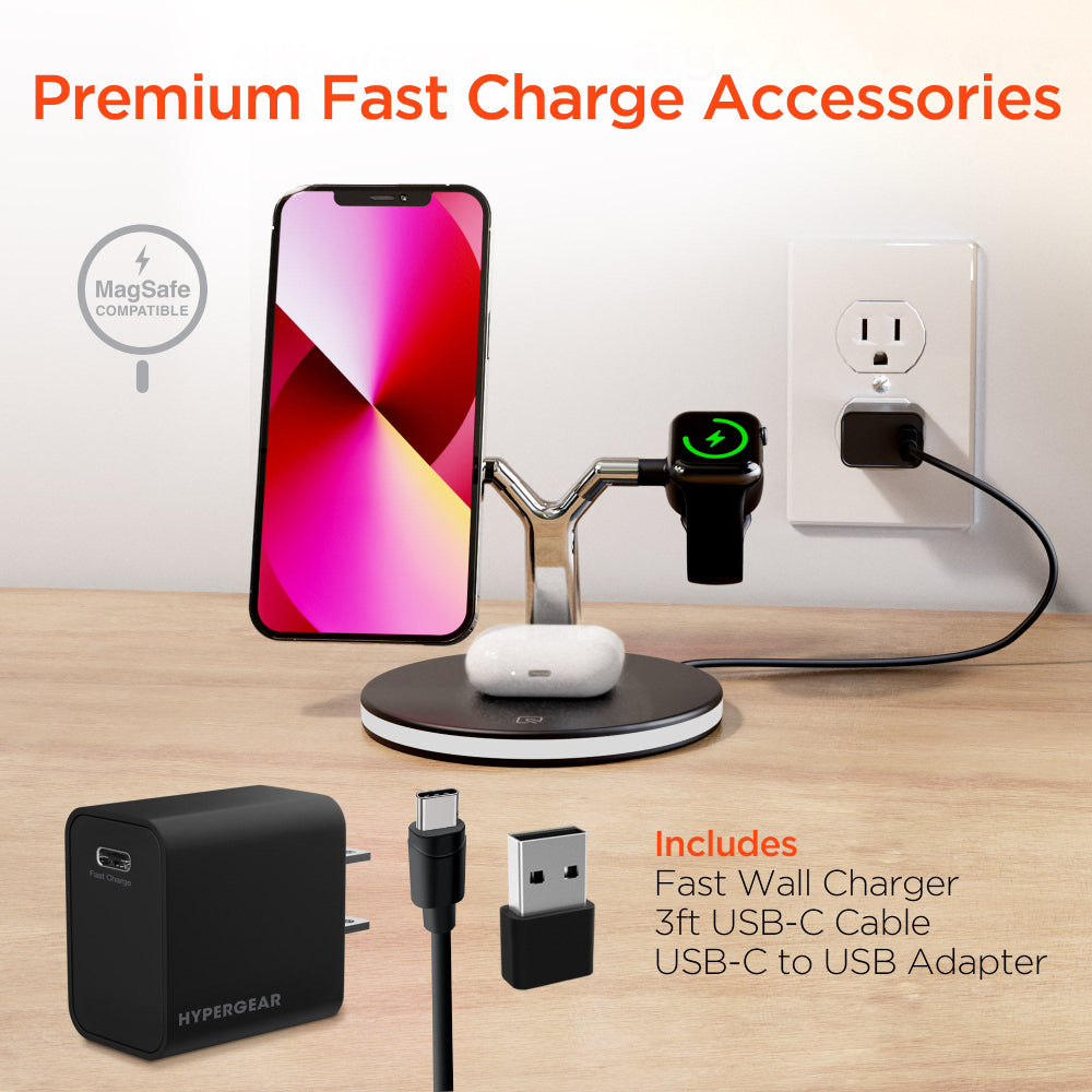 HyperGear MaxCharge 3-in-1 Wireless Charging Stand with 15W Magnetic Wireless Fast Charge - Black