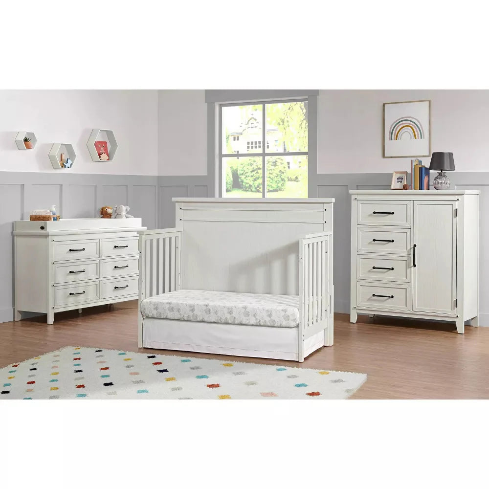 Bundle: Soho Baby Ellison Rustic White 4-in-1 Convertible Crib + Bedtime Originals Rainbow Unicorn and Fox Musical Baby Crib Mobile + Bedding Set + Diaper Stacker