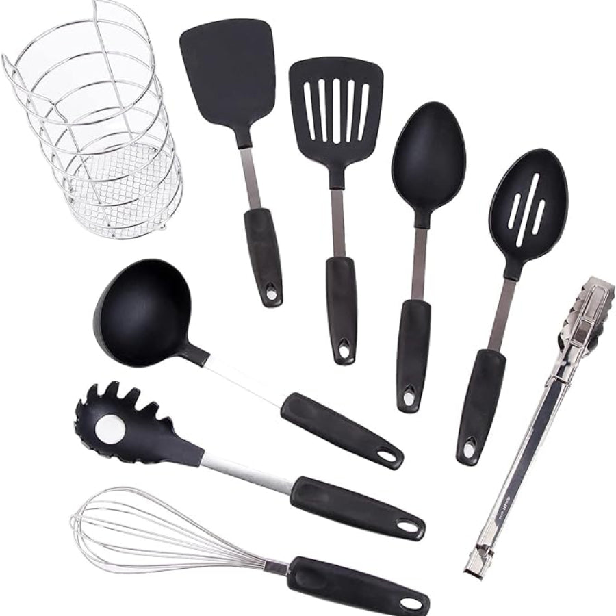 Gibson Home Better Basics Utensil Set with Round Shape Wire Caddy (9-Piece) - Black/Silver