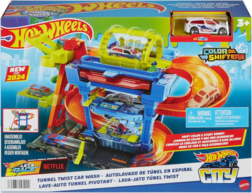 Set de juego de lavado de autos y cambio de color City Tunnel Twist de Hot Wheels con auto de juguete a escala 1:64