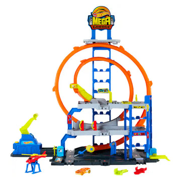 Mattel Hot Wheels Mega Loop Garage Playset with 1 Toy Car and 1 Helicopter