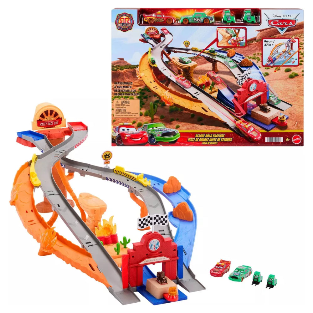Mattel Disney And Pixar Cars Radiator Springs Race and Rescue Road Raceway Playset with 4 Toy Cars