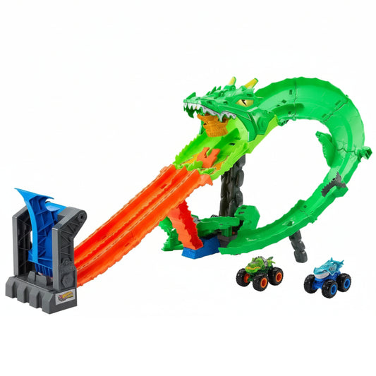Mattel Hot Wheels Monster Trucks Sharks vs Dinos Dragon Destruction Playset with 2 Toy Trucks