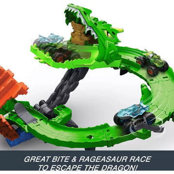 Mattel Hot Wheels Monster Trucks Sharks vs Dinos Dragon Destruction Playset with 2 Toy Trucks