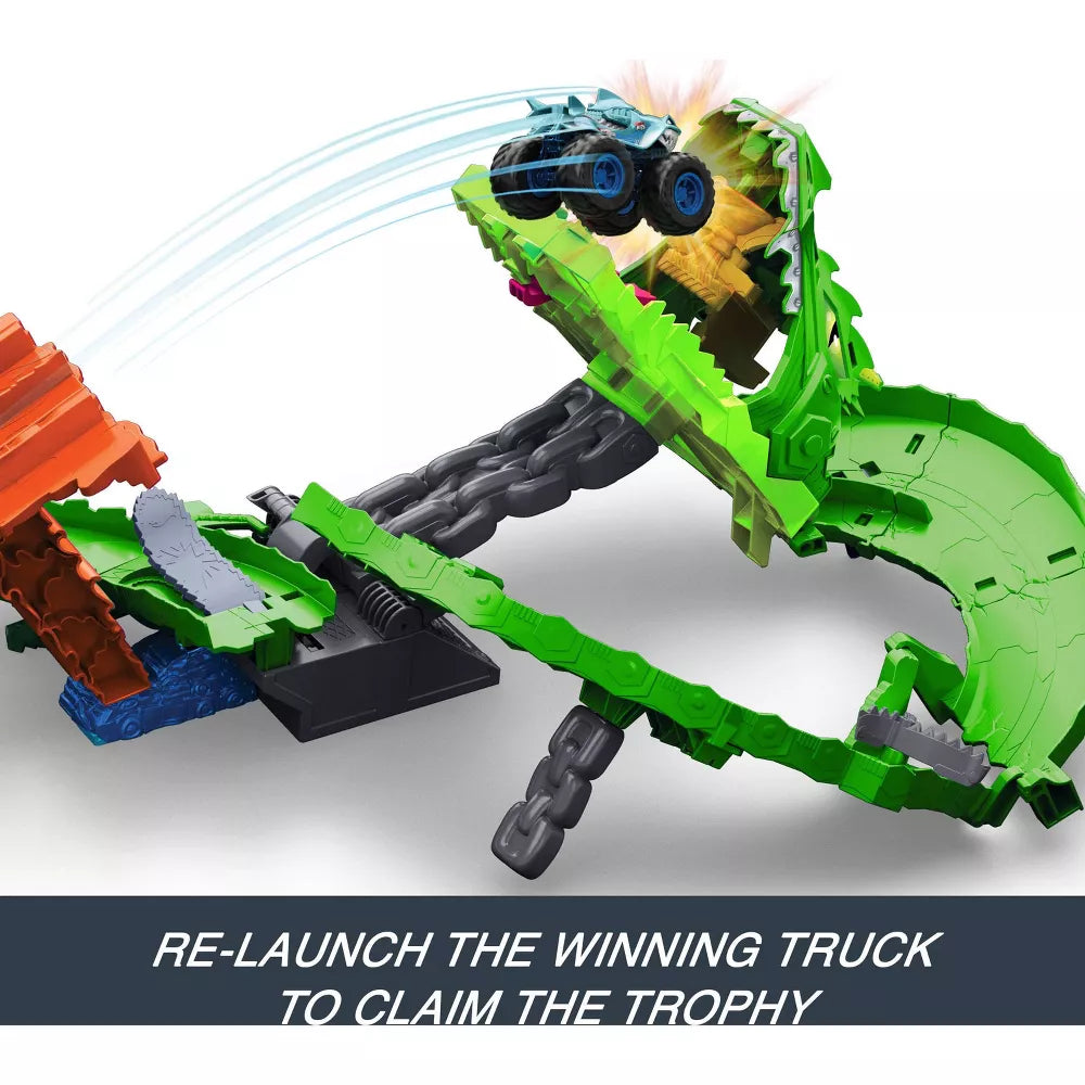 Mattel Hot Wheels Monster Trucks Sharks vs Dinos Dragon Destruction Playset with 2 Toy Trucks