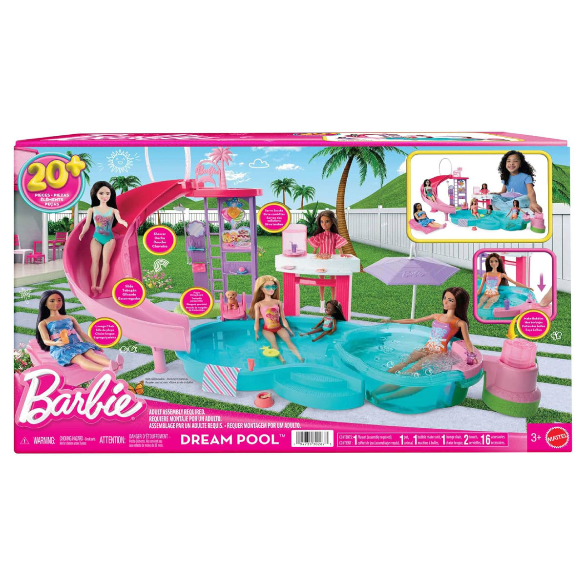Mattel Barbie Dream Pool Playset with Slide and Bubbling Hot Tub
