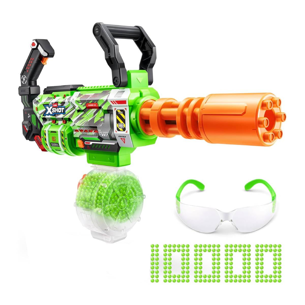 Zuru XShot Hyper Gel Glow Motorized Gatling Blaster Toy (10000-Gellets) - Green/Orange