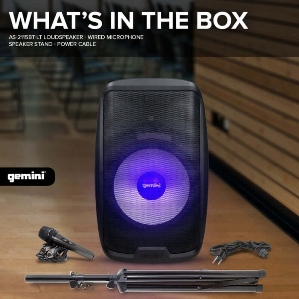 Gemini AS-2115BT-LT-PK 15" 2000W Active Multi LED Bluetooth Loudspeaker with Stand and Wired Microphone - Black