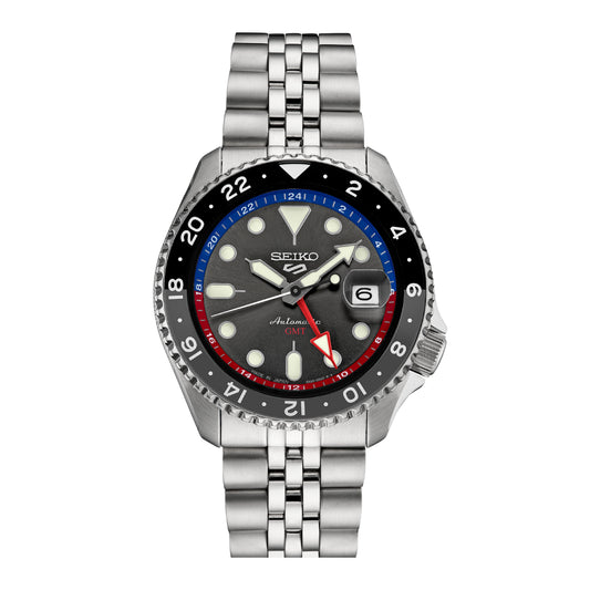 Seiko 5 Sports GMT Series Men's Silver-Tone Bracelet Watch - Charcoal Dial