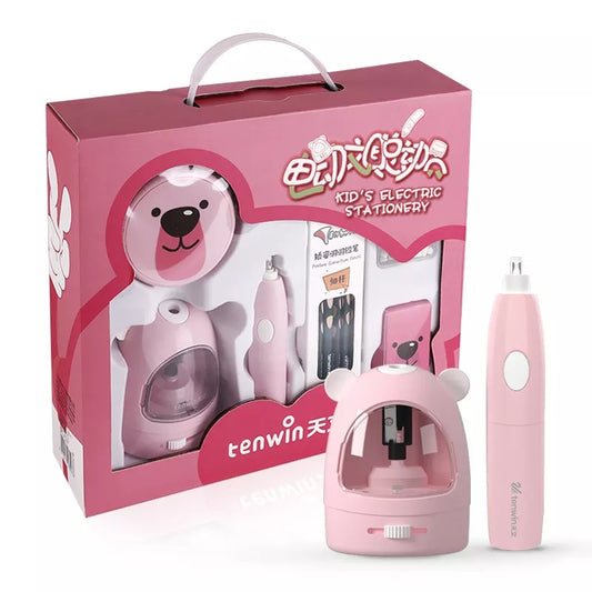 Tenwin Electric Pencil Sharpener Eraser Vacuum Cleaner Stationery Set Battery Operated with 50 Eraser Refills - Pink