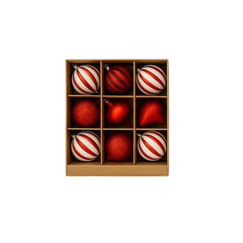 Gansu 3.9" Xmas Striped Flocking Ball Ornament (9-Pieces) - Assortment