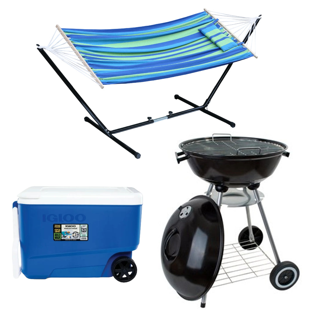 Bundle: Igloo Wheelie 38 Quart Cooler  + Alpine Cuisine BBQ-RS18 Charcoal Grill with wheels - Black + Liaoning Lucky Johnny Hammock