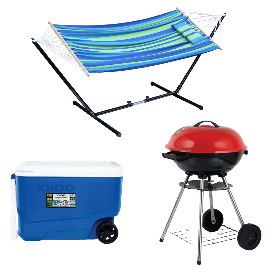 Bundle: Igloo Wheelie 38 Quart Cooler + Alpine Cuisine BBQ-RS18R Charcoal Grill with wheels - Red + Liaoning Lucky Johnny Hammock