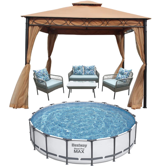 Paquete: conjunto de piscina con estructura de acero Pro de 18' x 48" de BestWay + conjunto de tumbonas de mimbre de 4 piezas de Best Home + cenador de acero con mosquitero