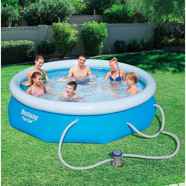 Bundle: Bestway Fast Set 10' x 30" Round Inflatable Pool Set with Filter Pump + The Outdoor Institute Roma Hanging Umbrella with Base