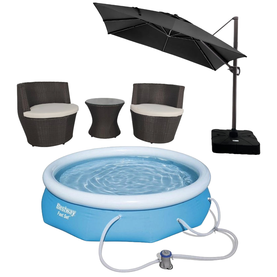 Bundle: Bestway Fast Set 10' x 30" Round Inflatable Pool Set with Filter Pump + TOI Roma Hanging Umbrella with Base + Wicker Patio 3-Piece Set by Best Home