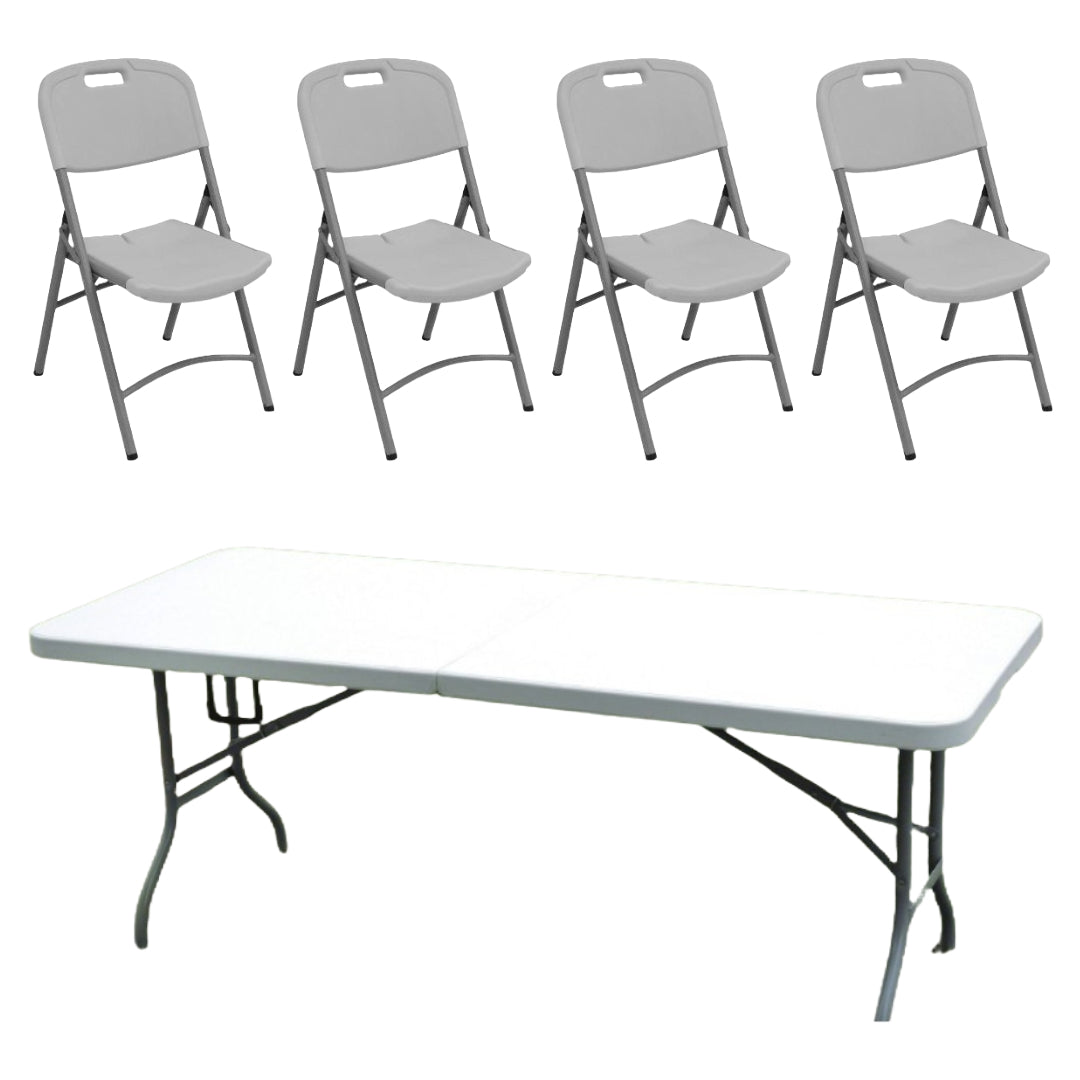 Bundle: Folding Rectangular Table -White + Four Folding Chairs - Grey