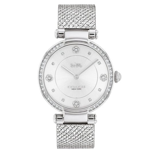 Reloj Coach Cary de 34 mm con malla y detalles de cristal, esfera plateada, para mujer, plateado 