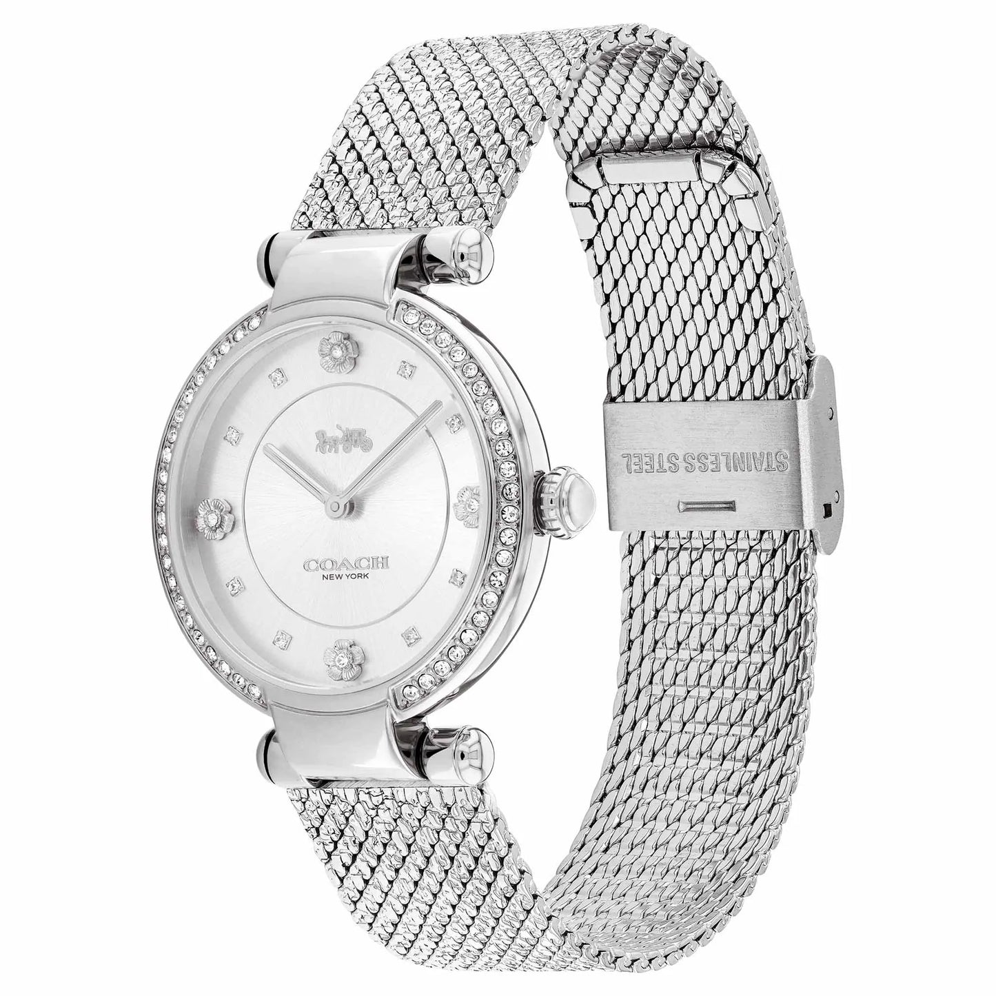 Coach Cary 34mm Crystal Accent Mesh Watch Silver Tone-Dial Women's Watch, Silver