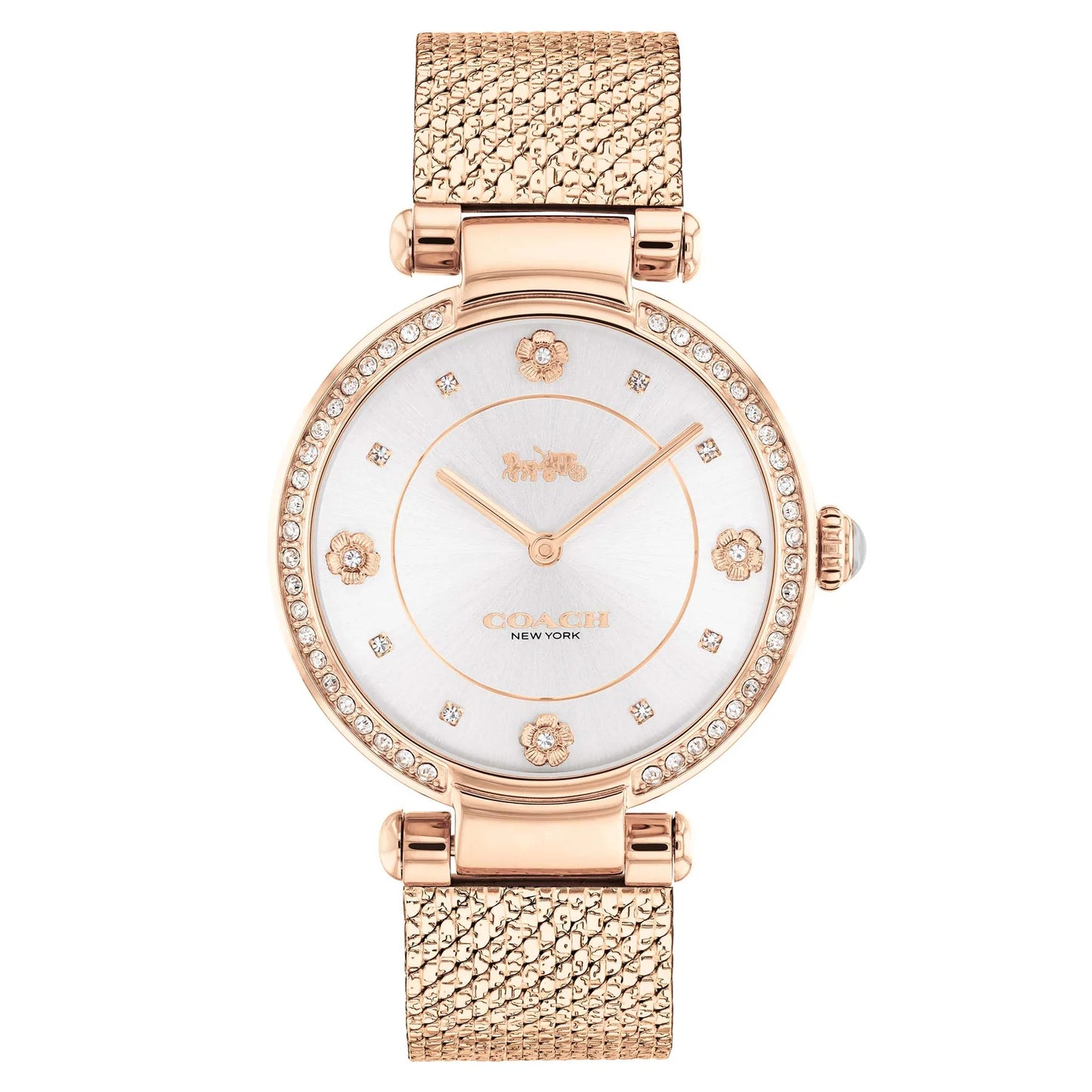 Reloj Coach Cary de 34 mm con esfera en tono blanco con detalles de cristal y pulsera con efecto rayos de sol para mujer, oro rosa 