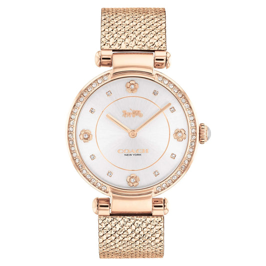 Reloj Coach Cary de 34 mm con esfera en tono blanco con detalles de cristal y pulsera con efecto rayos de sol para mujer, oro rosa 