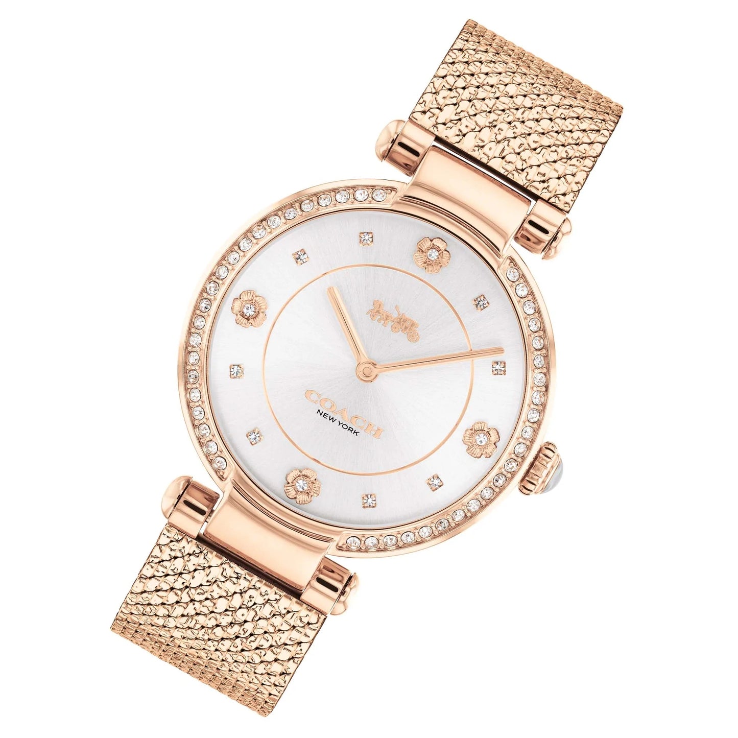Reloj Coach Cary de 34 mm con esfera en tono blanco con detalles de cristal y pulsera con efecto rayos de sol para mujer, oro rosa 
