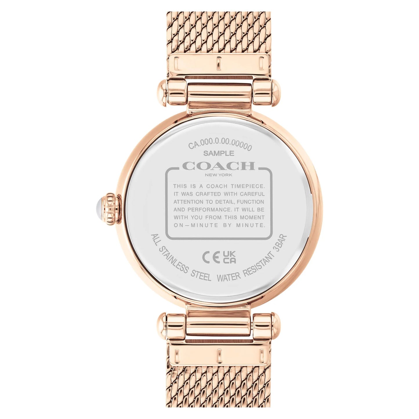 Reloj Coach Cary de 34 mm con esfera en tono blanco con detalles de cristal y pulsera con efecto rayos de sol para mujer, oro rosa 
