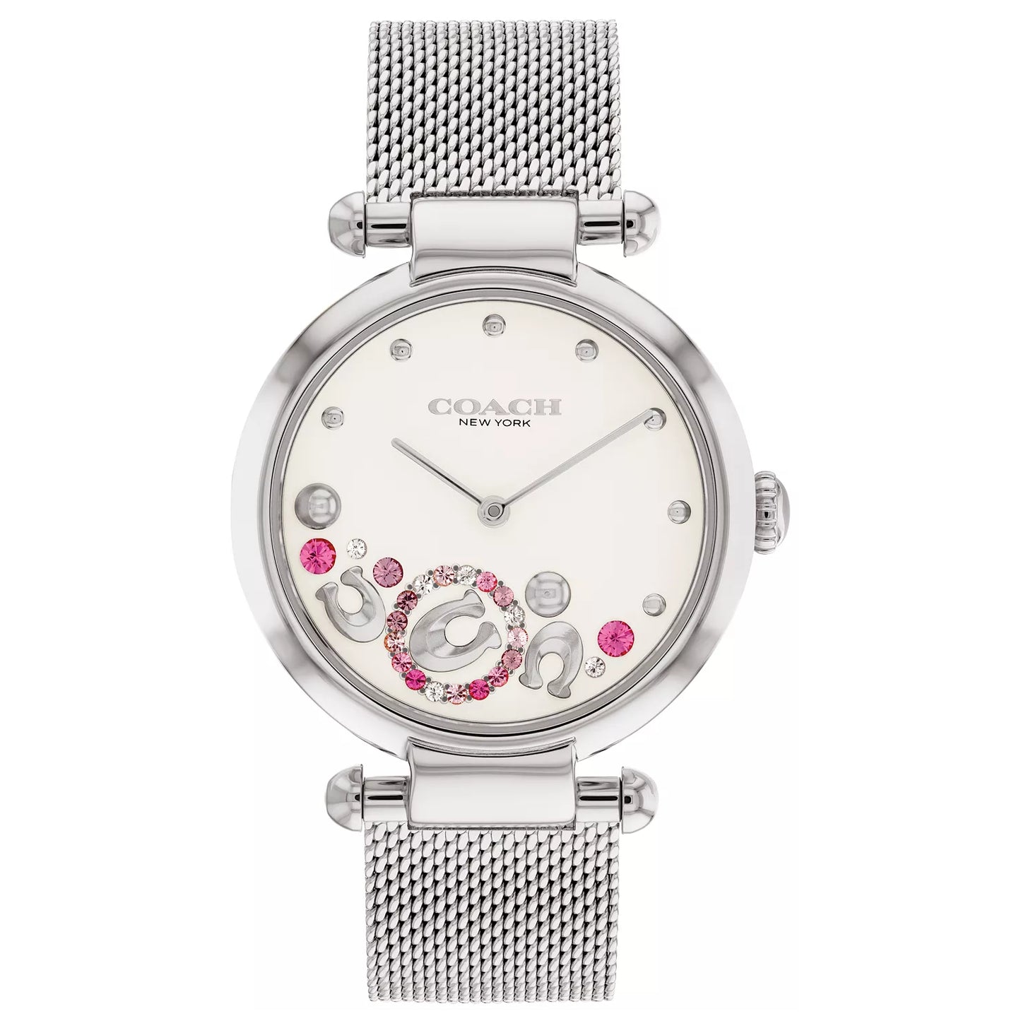 Reloj Coach Cary de 34 mm con malla de herradura y detalles de cristal, esfera plateada, para mujer, plateado 