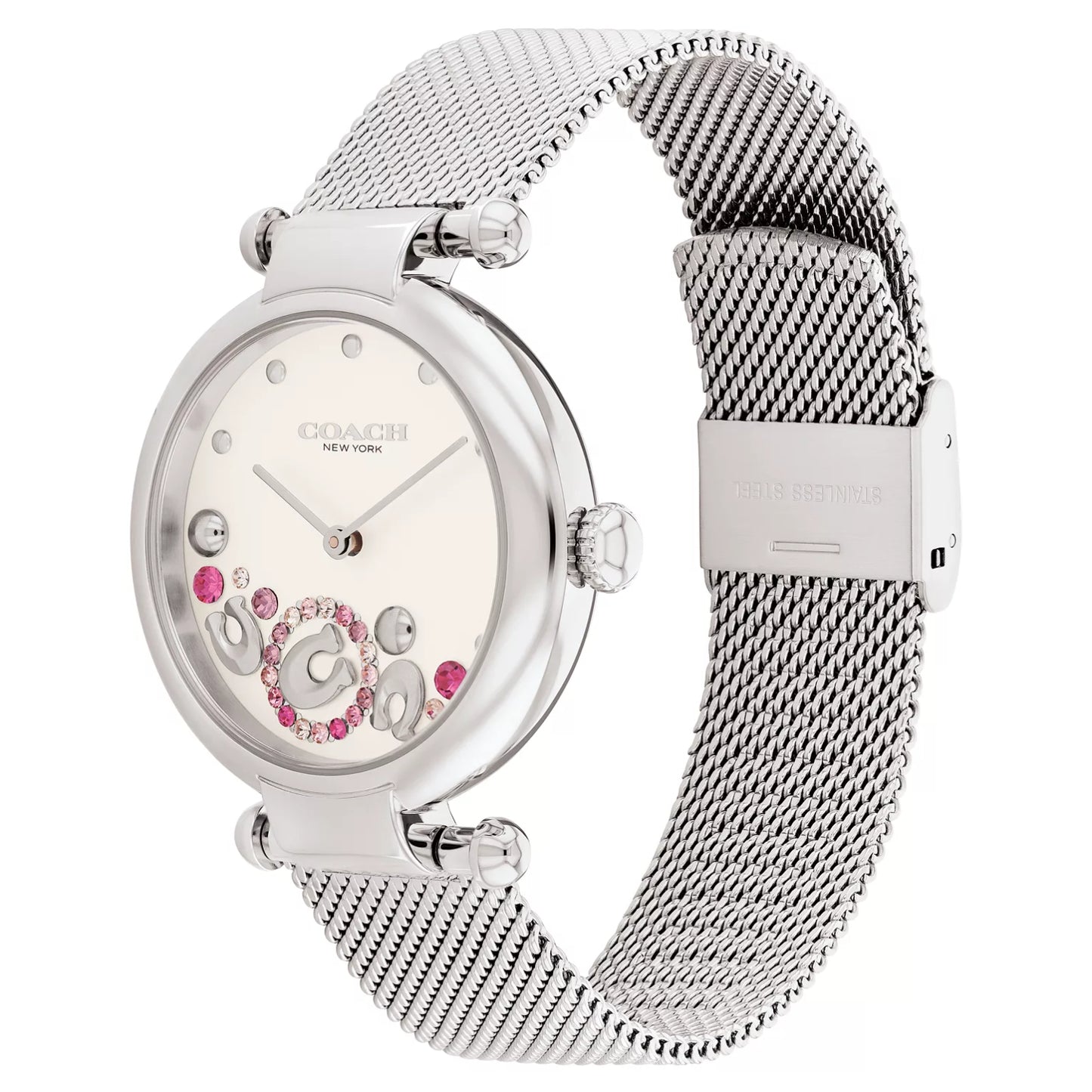 Reloj Coach Cary de 34 mm con malla de herradura y detalles de cristal, esfera plateada, para mujer, plateado 