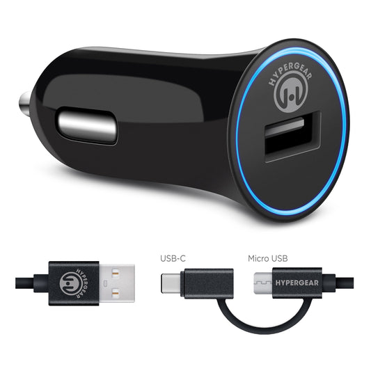 Cargador rápido para vehículo USB HyperGear de 12 W con cable híbrido USB-C y micro USB de 4' - Negro