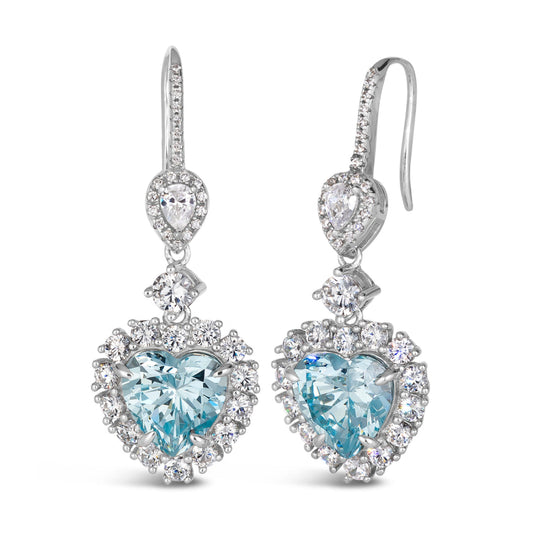 Anna Zuckerman Kate 24 Women's 2 ct. Aquamarine 3 ct. Diamond Crystalline Calista Heart Shaped Earrings in Platinum-Plating over 925 Sterling Silver