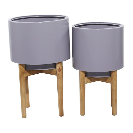 UMA Enterprises Contemporary Metal Planter with Wood Stand (Set of 2) - Gray