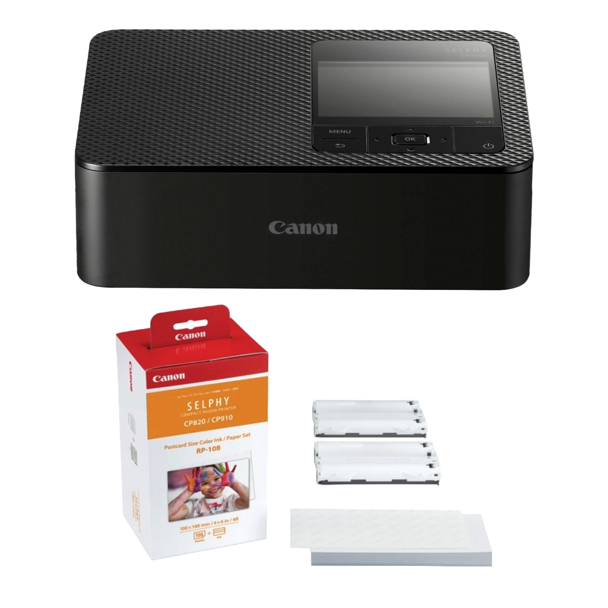 Canon - Impresora fotográfica compacta SELPHY CP1500 - Negra + Canon - Juego de papel y tinta de color RP-108