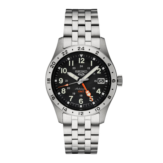 Seiko 5 Sports GMT Series Men's Silver-Tone Bracelet Watch - Black Dial