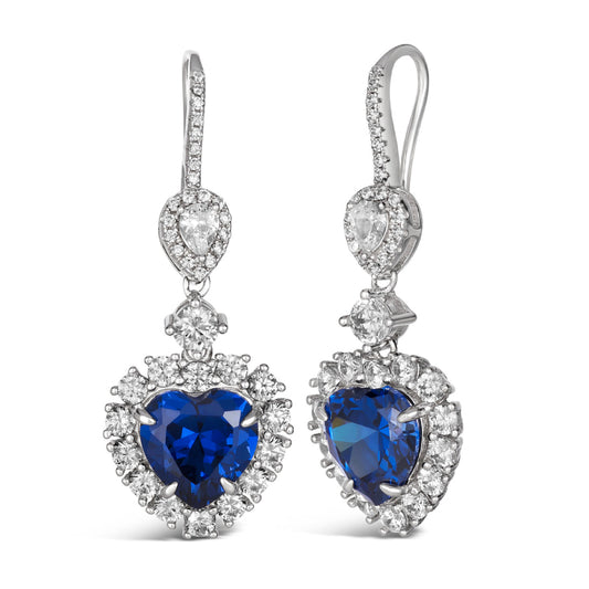 Anna Zuckerman Women's Kate 24 3 ct. Diamond Crystalline and 2 ct. Blue Sapphire Calista Heart Shaped Earrings in Platinum Plating over 925 Sterling Silver