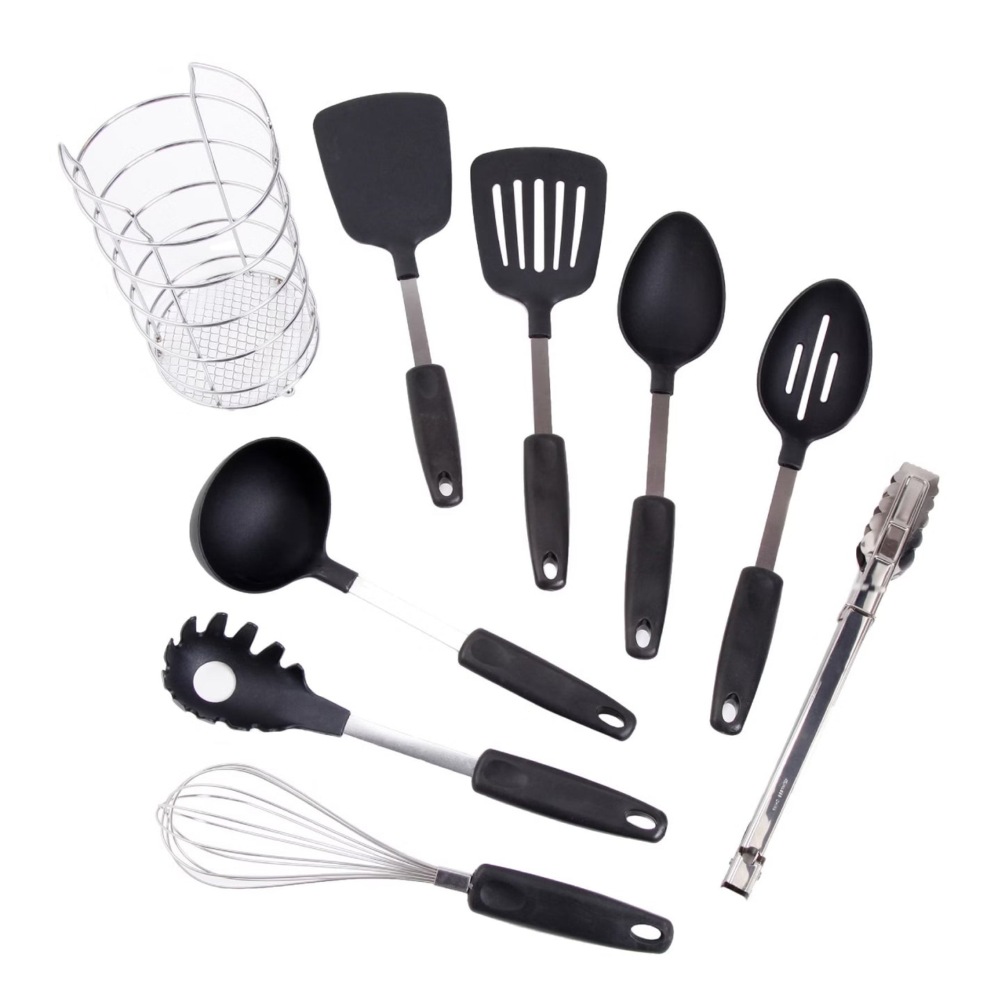 Gibson Home Better Basics Utensil Set with Round Shape Wire Caddy (9-Piece) - Black/Silver