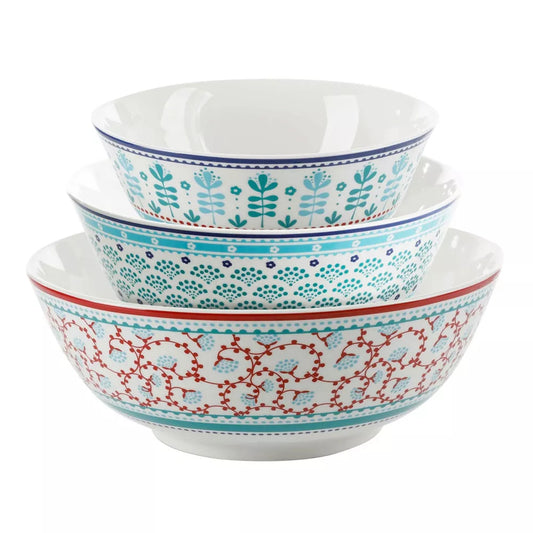 Gibson Home Village Vines Fine Ceramic Nesting Bowl Set (3-Piece) - Assorted Colors