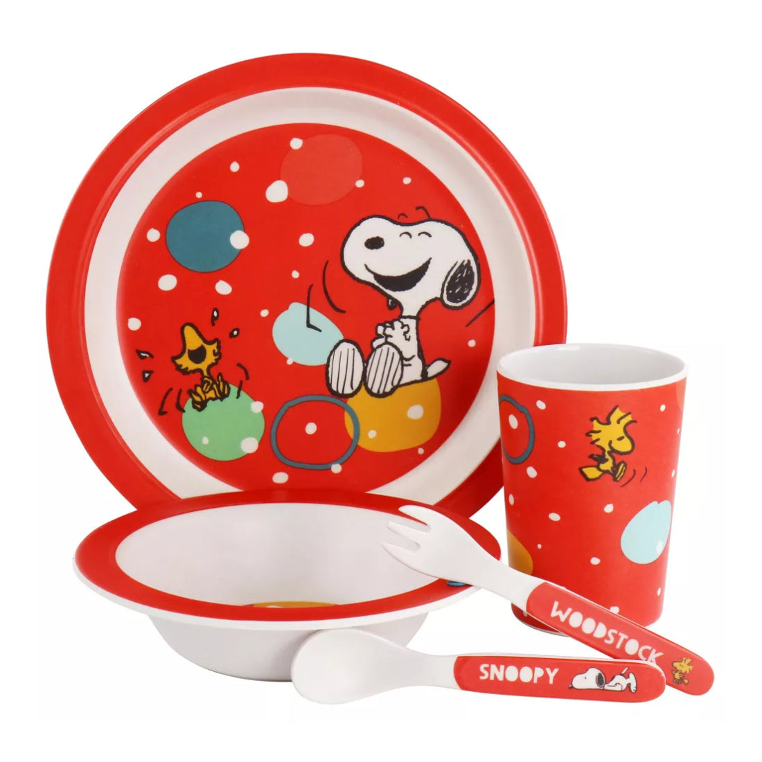 Gibson Peanuts Fun Times Bamboo Melamine Dinnerware Set (5-Piece) - Red