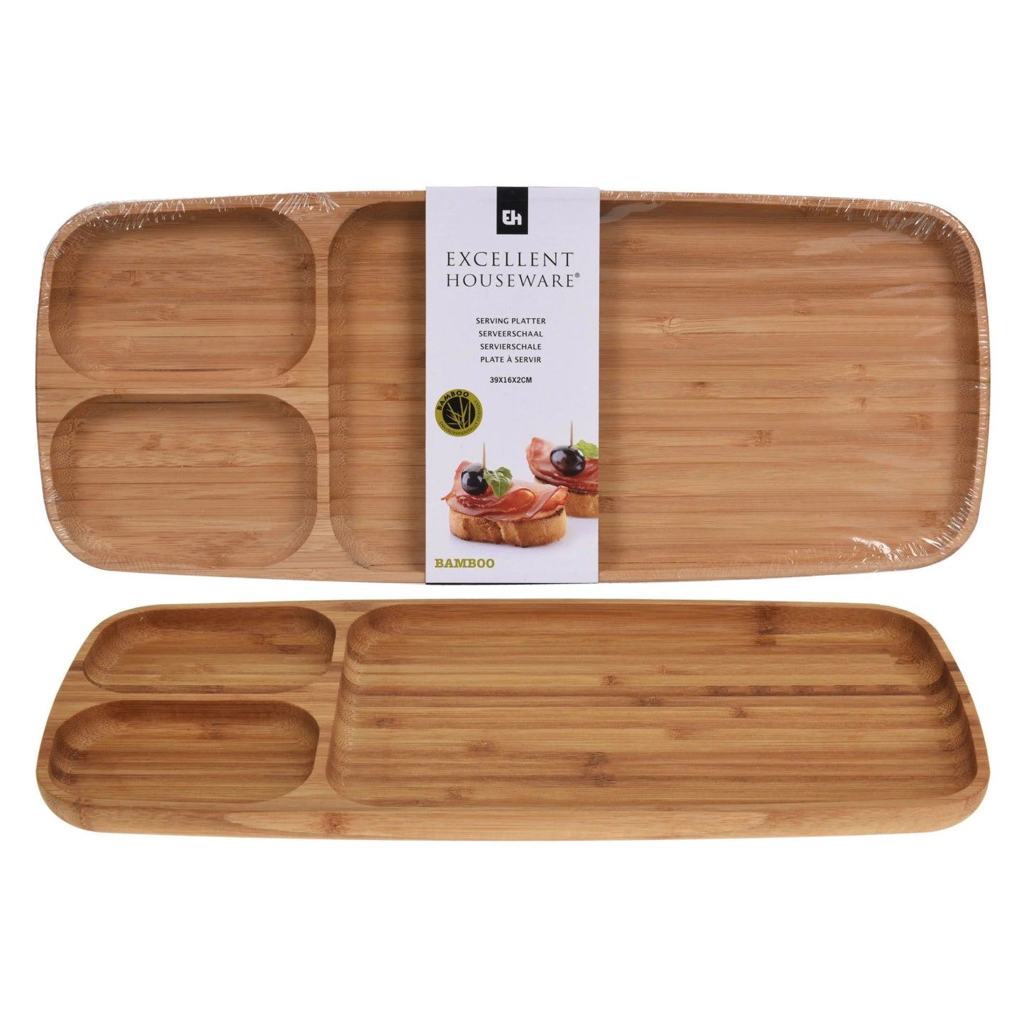 Koopman Bamboo Tray with 3 Compartments, Brown