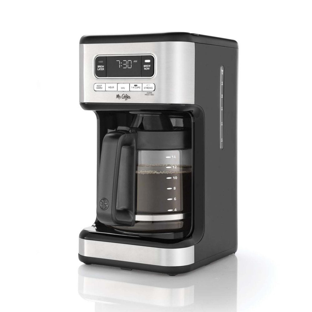 Cafetera programable Mr. Coffee 2143561 de 14 tazas, color negro y acero inoxidable